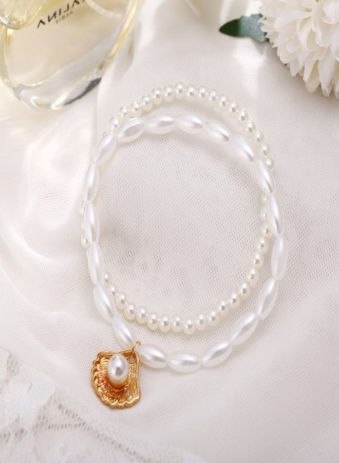 GUAFEIH Shell Anklets Set Pearl Layered Ankle Bracelet Elastic Beach Foot Chain Jewelry for Women - Image 3